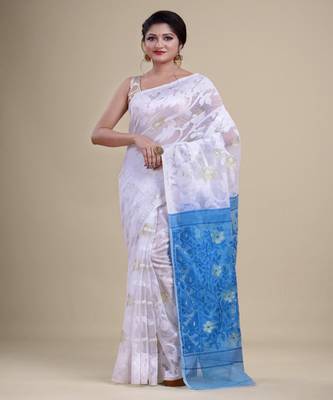 WHITE, BLUE & GOLDEN  DHAKAI JAMDANI  Hand Woven Tant silk  Handloom   Saree. 3