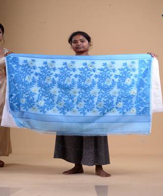 WHITE, BLUE & GOLDEN  DHAKAI JAMDANI  Hand Woven Tant silk  Handloom   Saree. 4