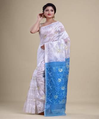 WHITE, BLUE & GOLDEN  DHAKAI JAMDANI  Hand Woven Tant silk  Handloom   Saree. 5