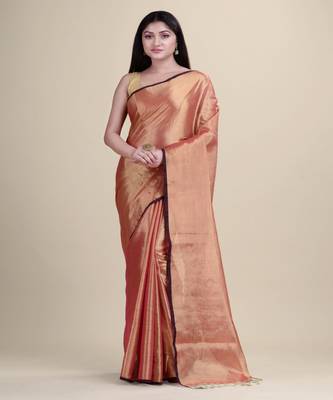 GOLDEN & PINK RAGA SILK  Hand Woven Tant Jamdani  Handloom   Saree 1