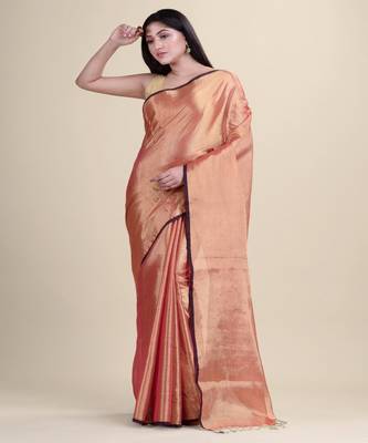 GOLDEN & PINK RAGA SILK  Hand Woven Tant Jamdani  Handloom   Saree 5