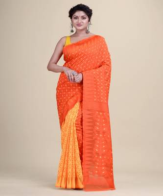 ORANGE & YELLOW MINAKARI JAMDANI  Hand Woven Cotton Jamdani  Handloom   Saree 1
