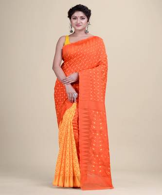ORANGE & YELLOW MINAKARI JAMDANI  Hand Woven Cotton Jamdani  Handloom   Saree 3