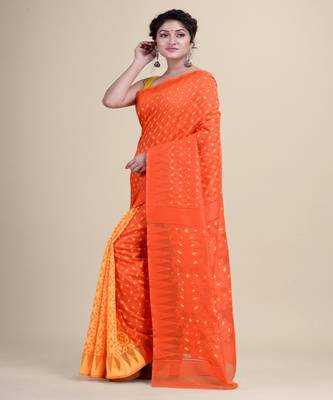 ORANGE & YELLOW MINAKARI JAMDANI  Hand Woven Cotton Jamdani  Handloom   Saree 5