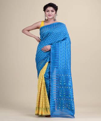 Blue & Yellow Minakari Jamdani Hand Woven Cotton Jamdani Handloom Saree Without Blouse 1