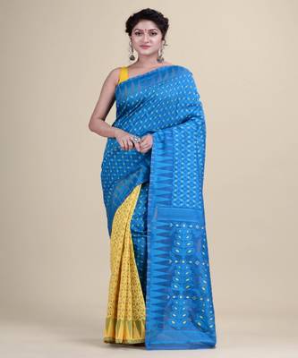 Blue & Yellow Minakari Jamdani Hand Woven Cotton Jamdani Handloom Saree Without Blouse 3