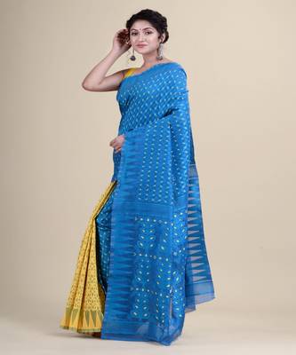 Blue & Yellow Minakari Jamdani Hand Woven Cotton Jamdani Handloom Saree Without Blouse 5