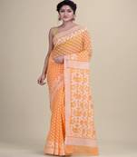 Orange & White Dhakai Jamdani Silk Hand Woven Cotton Handloom Saree. Without Blouse