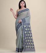 Green & Navy Blue Dhakai Jamdani Silk Hand Woven Cotton Handloom Saree. Without Blouse
