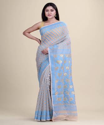 OFF-WHITE & BLUE DHAKAI JAMDANI   Silk Hand Woven Cotton  Handloom  Saree. 1