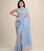OFF-WHITE & BLUE DHAKAI JAMDANI   Silk Hand Woven Cotton  Handloom  Saree.