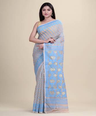 OFF-WHITE & BLUE DHAKAI JAMDANI   Silk Hand Woven Cotton  Handloom  Saree. 3