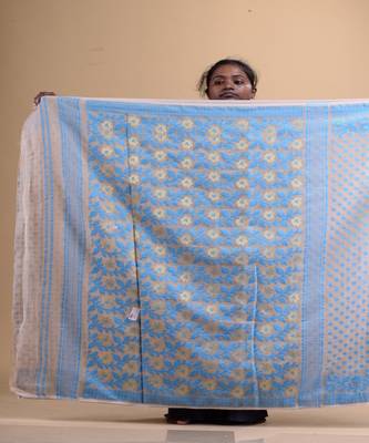 OFF-WHITE & BLUE DHAKAI JAMDANI   Silk Hand Woven Cotton  Handloom  Saree. 4