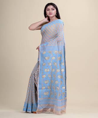 OFF-WHITE & BLUE DHAKAI JAMDANI   Silk Hand Woven Cotton  Handloom  Saree. 5
