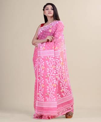 PINK & WHITE DHAKAI JAMDANI  Hand Woven Cotton  Handloom  Saree. 1