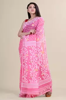 PINK & WHITE DHAKAI JAMDANI  Hand Woven Cotton  Handloom  Saree.