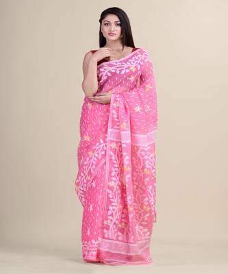 PINK & WHITE DHAKAI JAMDANI  Hand Woven Cotton  Handloom  Saree. 4