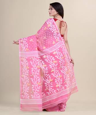 PINK & WHITE DHAKAI JAMDANI  Hand Woven Cotton  Handloom  Saree. 5