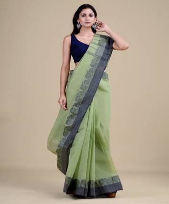 GREEN & BLUE TANT Jamdani  Hand Woven  silk  Handloom   Saree. 1