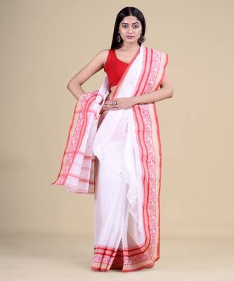 WHITE & RED TANT  Hand Woven Cotton Handloom bengali Saree. 1
