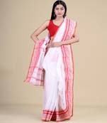 WHITE & RED TANT  Hand Woven Cotton Handloom bengali Saree.