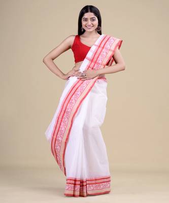WHITE & RED TANT  Hand Woven Cotton Handloom bengali Saree. 2