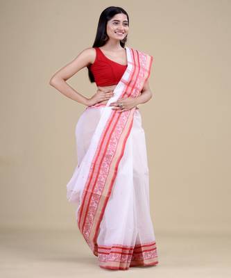 WHITE & RED TANT  Hand Woven Cotton Handloom bengali Saree. 3