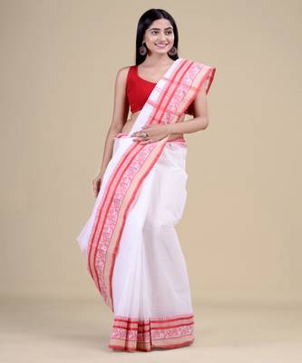 WHITE & RED TANT  Hand Woven Cotton Handloom bengali Saree. 4