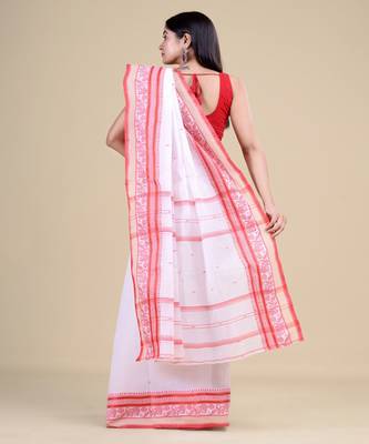 WHITE & RED TANT  Hand Woven Cotton Handloom bengali Saree. 5