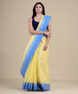 Yellow & Blue Tant Jamdani Hand Woven Silk Handloom Saree. Without Blouse 1