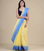 Yellow & Blue Tant Jamdani Hand Woven Silk Handloom Saree. Without Blouse