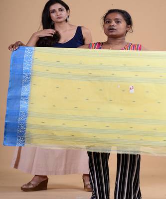 Yellow & Blue Tant Jamdani Hand Woven Silk Handloom Saree. Without Blouse 2