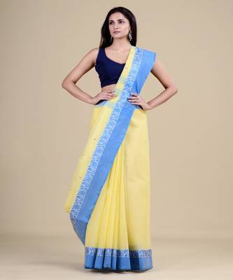 Yellow & Blue Tant Jamdani Hand Woven Silk Handloom Saree. Without Blouse 3