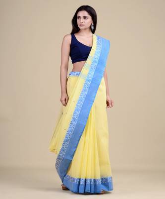 Yellow & Blue Tant Jamdani Hand Woven Silk Handloom Saree. Without Blouse 5