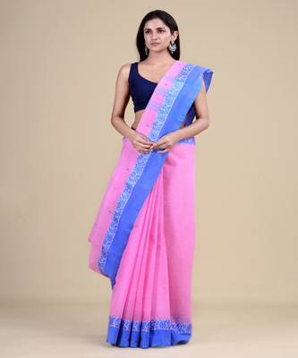 PINK & BLUE TANT Jamdani  Hand Woven  silk  Handloom   Saree. 1
