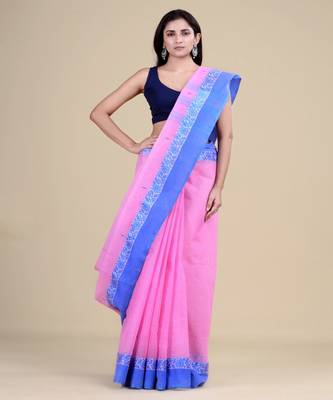 PINK & BLUE TANT Jamdani  Hand Woven  silk  Handloom   Saree. 3