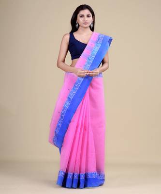 PINK & BLUE TANT Jamdani  Hand Woven  silk  Handloom   Saree. 5