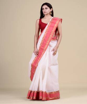 White & Red Tant Hand Woven Cotton Handloom Bengali Saree. Without Blouse 1