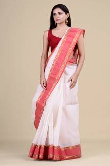 White & Red Tant Hand Woven Cotton Handloom Bengali Saree. Without Blouse