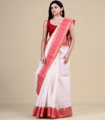 White & Red Tant Hand Woven Cotton Handloom Bengali Saree. Without Blouse