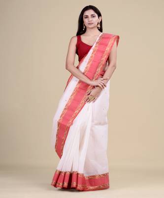 White & Red Tant Hand Woven Cotton Handloom Bengali Saree. Without Blouse 3