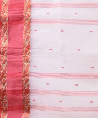 White & Red Tant Hand Woven Cotton Handloom Bengali Saree. Without Blouse 4