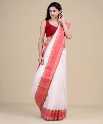 White & Red Tant Hand Woven Cotton Handloom Bengali Saree. Without Blouse 5