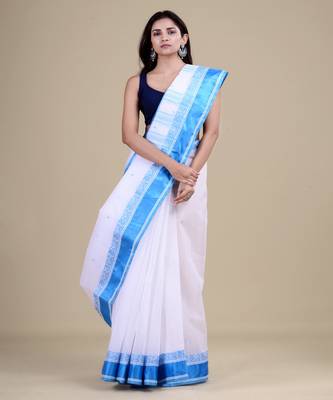 White & Sky Blue Tant Hand Woven Cotton Handloom Bengali Saree. Without Blouse 1