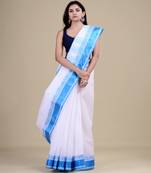 White & Sky Blue Tant Hand Woven Cotton Handloom Bengali Saree. Without Blouse