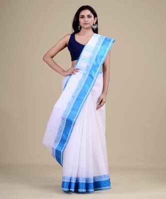 White & Sky Blue Tant Hand Woven Cotton Handloom Bengali Saree. Without Blouse 2