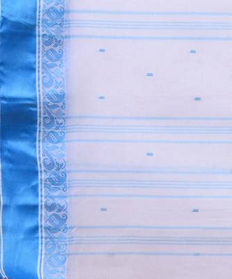 White & Sky Blue Tant Hand Woven Cotton Handloom Bengali Saree. Without Blouse 3