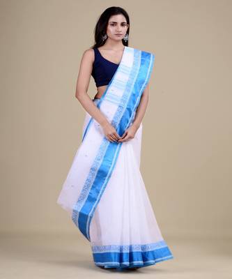 White & Sky Blue Tant Hand Woven Cotton Handloom Bengali Saree. Without Blouse 4