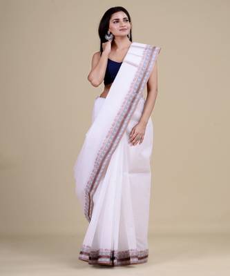 OFF-WHITE & BROWN  TANT Hand Woven Cotton Handloom bengali Saree. 1