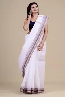 OFF-WHITE & BROWN  TANT Hand Woven Cotton Handloom bengali Saree.